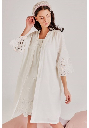 Magic Form 30108 Ekru Sabahlıklı Hamile Lohusa Gecelik Takımı
