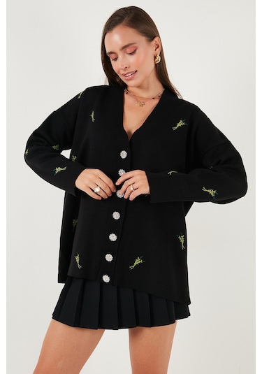 Lela Oversize Fit Desenli V Yaka Triko Bayan Hırka 4616193 Siyah