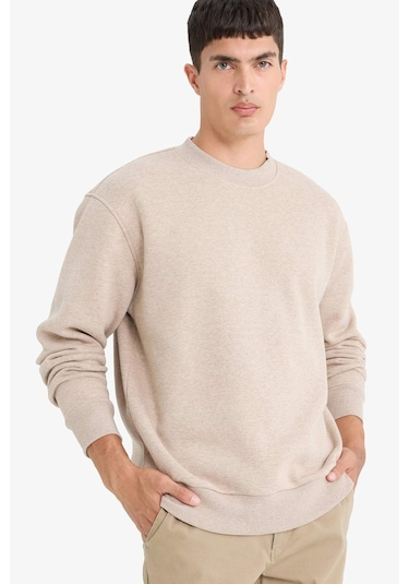 Defacto Relax Fıt Bisiklet Yaka Kalın Kumaş Sweatshirt E9409AX25AU Bej