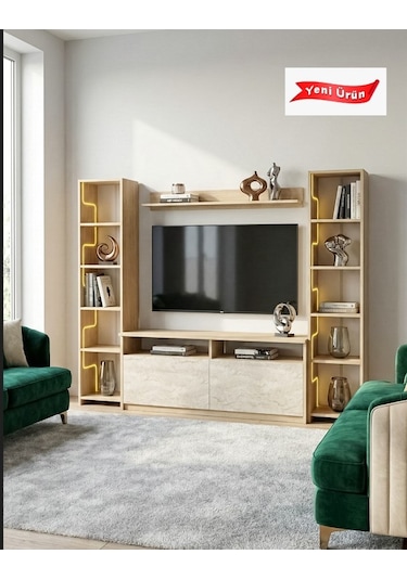 Labirent Ledli Duvar Tv Ünitesi Traverten Kapak Açık Meşe