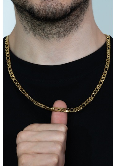 Altın Kaplama Figaro Çelik Zincir Unisex Kolye 55Cm 6Mm Ack06Sr Altın