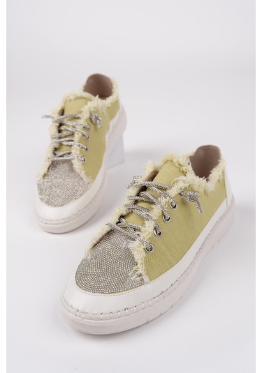 Muggo Damsel Bağcıklı Taşlı Kadın Günlük Denim Sneaker Spor Ayakkabı Yeşil