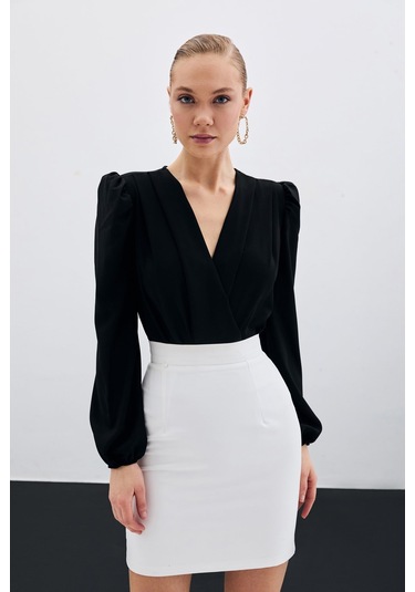 Sateen Kruvaze Vatkalı Bodysuit - Siyah