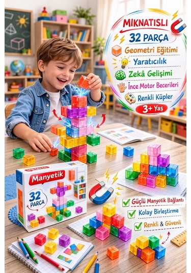 Magnetic Renkli Küp Blok İnşa Seti 32 Parça Geometri Eğitimi Stem 3+ 2 Cm Küpler