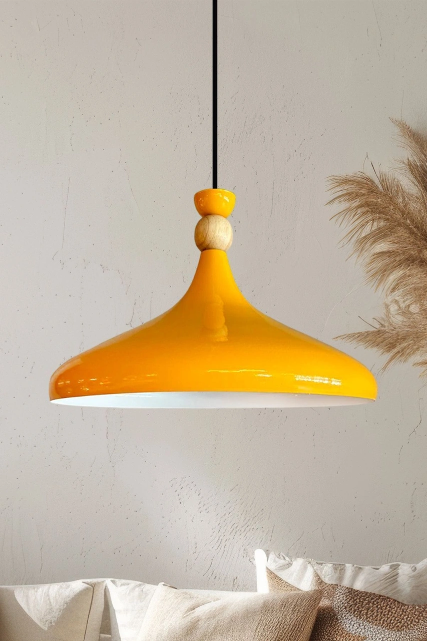 Sarı Ahşap Şapka Tekli Avize Sarkıt Salon Mutfak Cafe Butik Lamba Aydınlatma Avizeler SARI