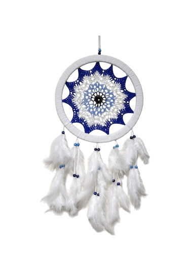 Saks Mavisi Nazar Motifli Kuş Tüylü Duvar Süsü