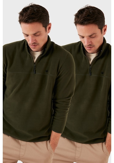 Buratti Slim Fit Anti-Pilling Tüylenme Yapmayan Bato Yaka Şardonlu 2'Li Paket Erkek Polar 5906001S2 Haki-Haki
