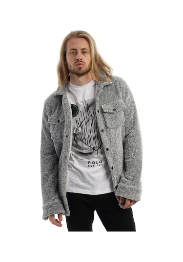 Erkek Çıt Çıt Detaylı Cepli Peluş Ceket Açık Gri-melanj Gri Melanj