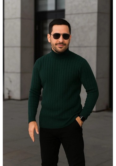 Erkek Fitilli Triko Kazak 3lü Set Bej Haki Siyah Regular Balıkcı Yaka Tam Boğazlı Triko Seti Modeli Kazak Çok Renkli