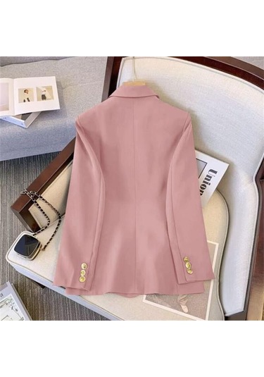 Kadın Blazer Ol Tarzı İşe Gidip Gevşek Düz Renk Kruvaze Uzun Kollu Yaka Çentik Yaka Cepler Resmi İş Ceket Pembe