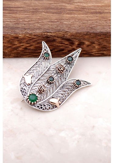 Lale Tasarımlı Kök Zümrüt Taşlı Telkari İşlemeli Gümüş Broş 320