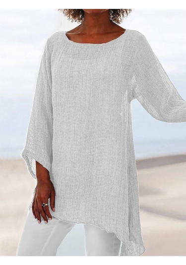 Beyaz Kadın Pamuklu Ve Keten Düz Renk Günlük Gömlek Düzensiz Uzun Kollu Tişört Beyaz