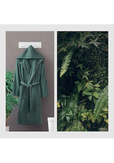 2 Li Kapşonlu Unisex Banyo Bornozu Seti %100 Soft Pamuklu Antasit-yeşil