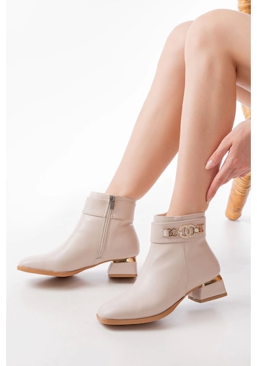 Rm-502 Bej Toka Aksesuarlı Topuklu Fermuarlı Günlük Kadın Bot Bej