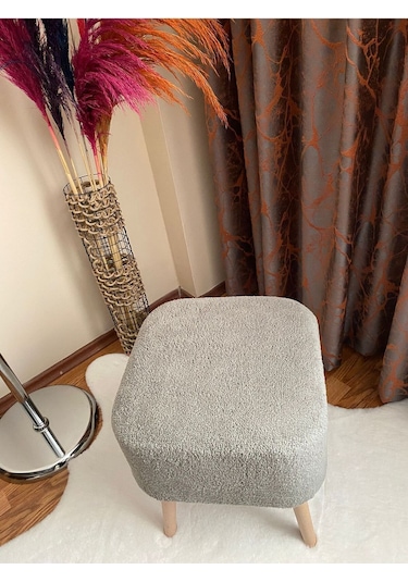 Kare Kesim Ahşap Ayaklı Teddy Kumaş Dekoratif Gri Renk Puf