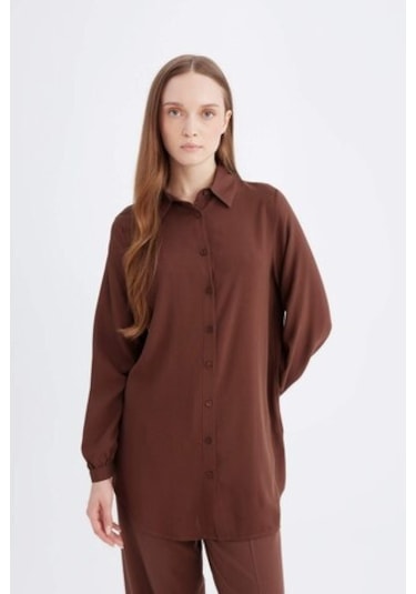 Defacto Regular Fit Gömlek Yaka Basic Düz Viskon Uzun Kollu Gömlek Tunik D2613ax24aubn271 Kahve