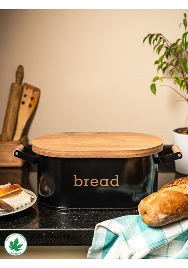 Ahşap Kapaklı Ahşap Kulplu Metal Ekmeklik Bread Baskılı - Siyah Siyah