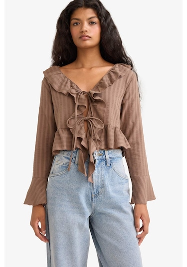 Defacto Regular Fit Dokulu Uzun Kollu Bluz F7657ax25aubn267 Kahve