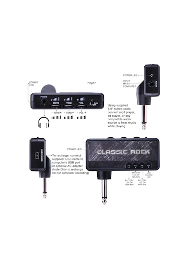 Suofeng Klasik Rock Ses Efekti İçeren Şarj Edilebilir Elektro Gitar Kulaklık Amplifikatörü - Siyah
