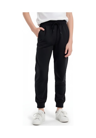 Düz Jogger Baskısız Çift Cepli Erkek Çocuk Eşofman Altı Siyah