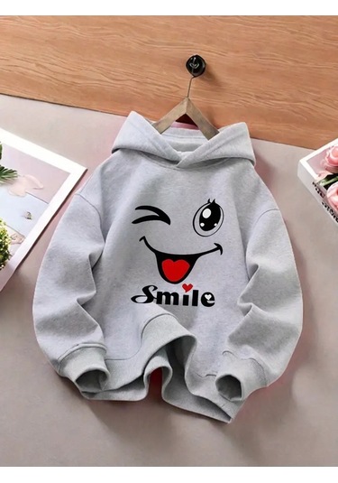 Kışlık Kapüşonlu Sweatshirt, Çocuk Smile Dil Çıkaran Gülen Yüz Baskılı Gri