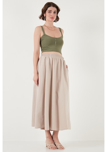 Lela Modest Pamuk Ve Keten Karışımlı Yüksek Bel Cepli Uzun Kiloş Tesettür Bayan Etek 668Yp4443 Taş