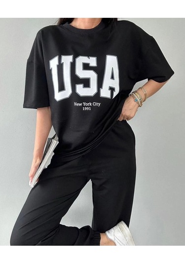 Usa T-shirt Eşofman Altı Jogger- Siyah Baskılı Alt Üst Eşofman Takım Oversize Bisiklet Yaka Siyah