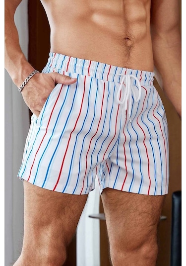 Angelsin Erkek Basic Standart Boy Renkli Çizgili Baskılı Mayo Cepli Deniz Şortu 001