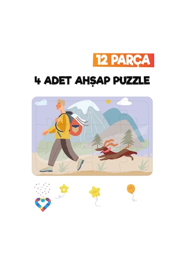 Ahşap Çocuk Puzzle 12 Parça 4 Adet