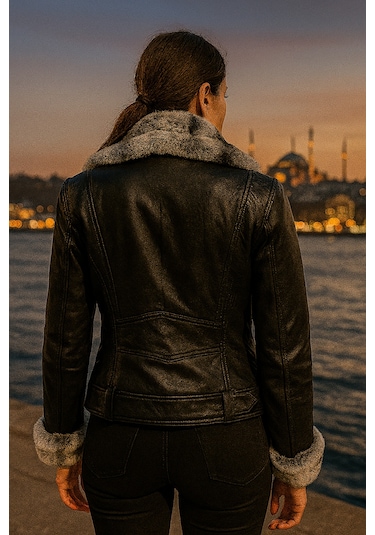 Hmo Store Buz Şerit Premium Hakiki Kürklü Deri Ceket Siyah