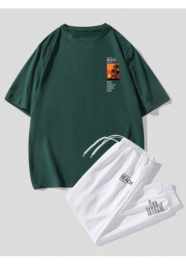 Beach T-shirt Eşofman Altı Jogger - Nefti Yeşil Beyaz Baskılı Eşofman Takımı Oversize Bisiklet Yaka Nefti Yeşil Beyaz