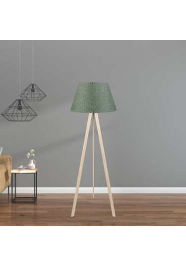 Pratik Tripod Krem Ahşap Gövdeli Konik Haki Başlıklı Lambader Yeşil Köşe Lambası Yeşil