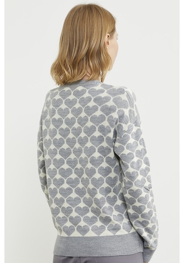 Kalp Desenli Sıfır Yaka Triko Kazak - Gri 001