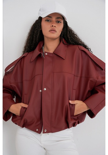 Kadın Oversize Deri Ceket 1055 - Kiremit Kıremıt