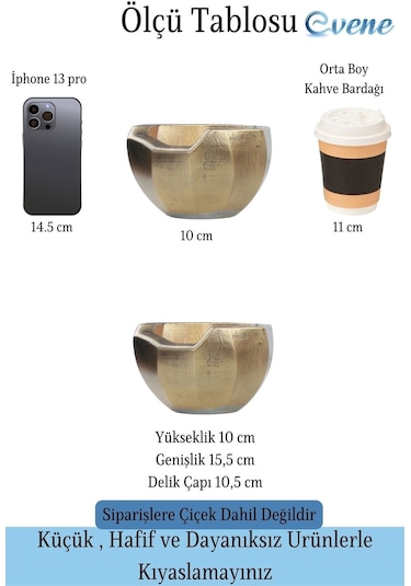 Saksı Çiçek Kaktüs Saksısı Lüx 15 Cm Gümüş Eskitme Varak Boyalı Önü Açık Desen Saksı Çiçeklik - Altın Eskitme