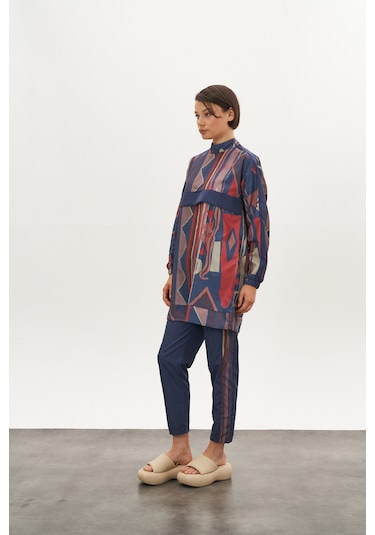 Etnik Desen Tesettür Mayo Mavi Kısa Y Siyah