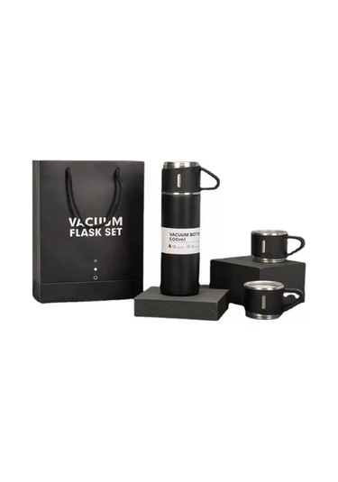 Paslanmaz Çelik Termos Siyah Renk 3 Bardaklı Termos Seti Vakumlu Termos Set Çanta Hediyeli Siyah