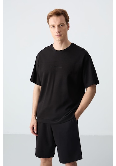 Siyah Pamuklu Kalın Yumuşak Dokulu Oversize Fit Basic Erkek Şort Takım - 85257