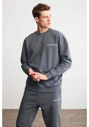 Raırok  Erkek Içi Polarlı Comfort Oversize Nakışlı Koyu Gri Sweatshirt