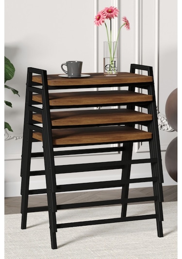 Zigon Sehpa , Aden 4'lü Tepsi Zigon Sehpa Takımı Siyah Metal - Barok Tabla Siyah-barok