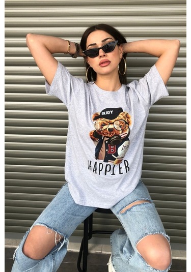 Modagen Kadın Happier Oversize Baskılı Gri T-shirt Hp Gri
