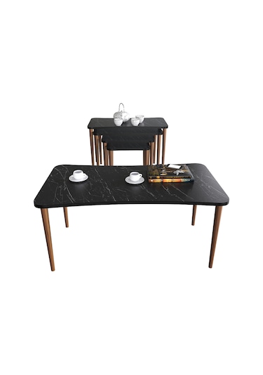 Aleyna 5li Orta Sehpa ve Zigon Sehpa Ahşap Ayaklı – Siyah Mermer