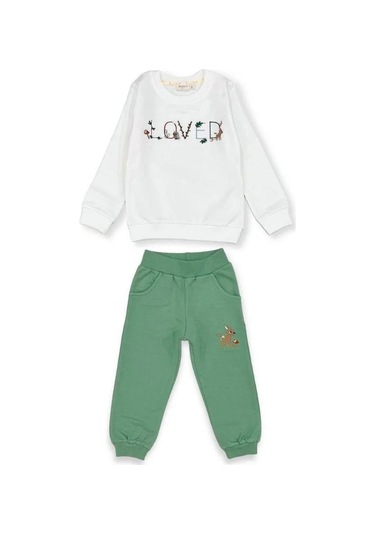 Kız Çocuk Loved Nakışlı Pamuklu Eşofman Takım-14382 Ekru