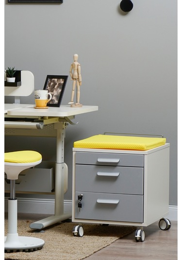 Creo Mobili Çekmeceli Kilitli Tekerlekli Vega Keson, Oturulabilir Ofis Ve Ev Komodini, Ekru/sarı