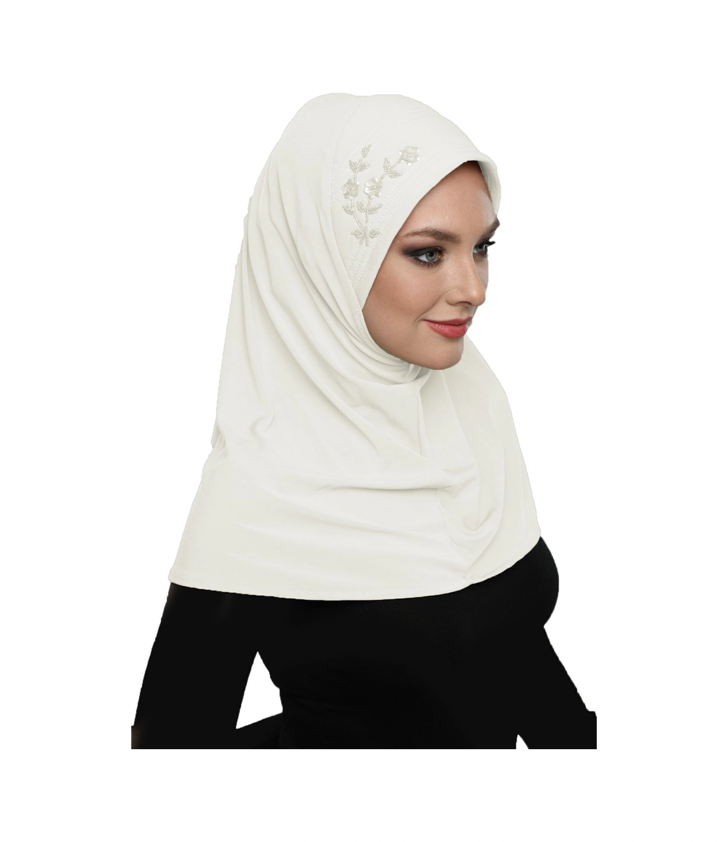 Takmatik Taşlı El Işi Boncuk Işlemeli Krem Hazır Türban Tesettür Bone Namaz Örtüsü Krem