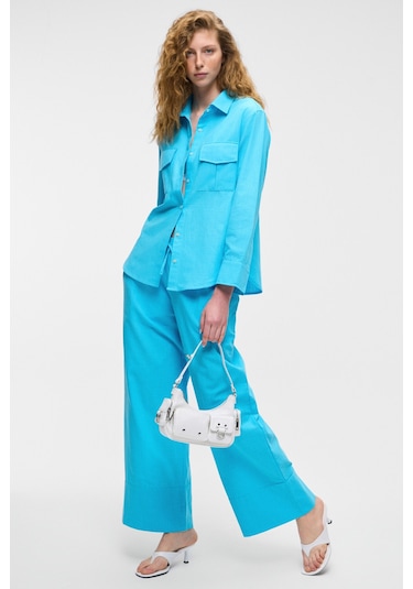 Melancholı Kadın %100 Pamuk Keten Görünüm Flamlı Geniş Paça Yüksek Bel Lastikli Turkuaz Pantolon