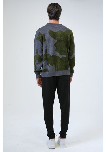 Antrasit Regular Fit Yeşil Desenli Bisiklet Yaka Triko Kazak-antrasit Antrasit