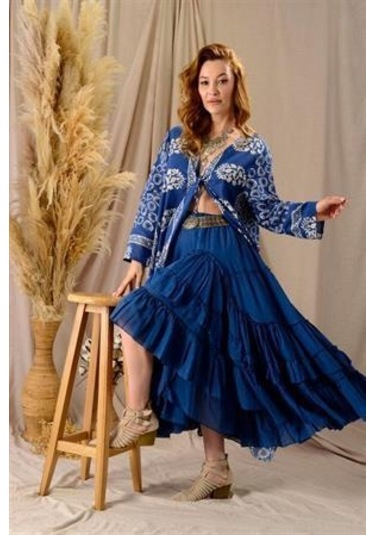 Özel Tasarım Ham Keten Otantik Astarlı Carmen Etek-9895 Petrol Mavisi