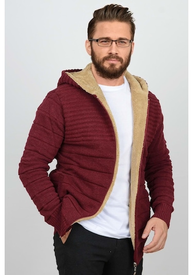 Erkek İçi Kürklü Kapüşonlu Fermuarlı Triko Hırka Bordo T743 Bordo