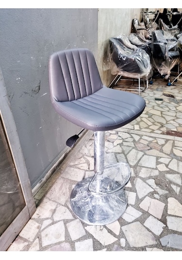 Gri Deri Amortisörlü Mutfak Bar Tabureleri Gri